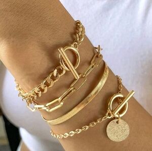 4pcs Women's Simple Fashion Gold Chain Link Bracelets Set Free‎ Pyramid Necklace